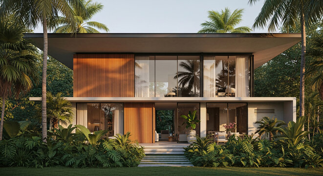 A luxurious modern two-story villa with glass walls nestled in a lush tropical jungle setting.