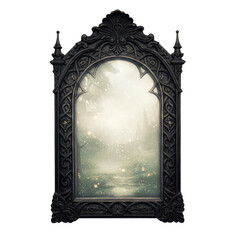Naklejka premium Antique dark gothic arched mirror frame showing mysterious magical fantasy portal scene isolated PNG with Transparent Background