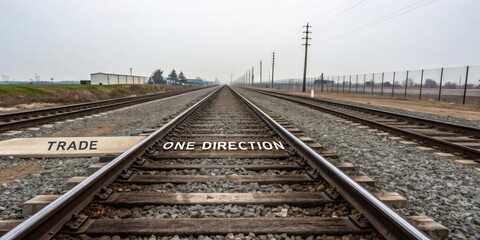 Obraz premium Train Tracks Converging into a Single Line in Foggy Landscape