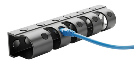 Industrial metal cable carrier system managing a blue network Ethernet connection cable. isolated PNG with Transparent Background