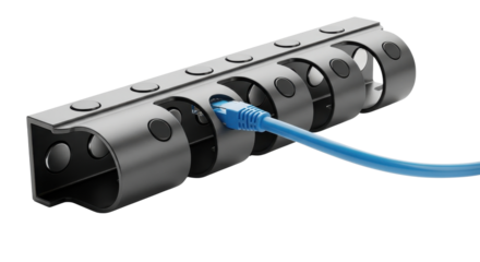 Industrial metal cable carrier system managing a blue network Ethernet connection cable. isolated PNG with Transparent Background