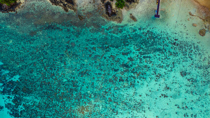 A stunning aerial view of a tropical coastline featuring lush green forest, a vibrant turquoise coral reef, and deep blue ocean waters. the natural beauty of marine and coastal ecosystems.