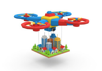 Obraz premium Toy drone carrying a miniature city with buildings and trees