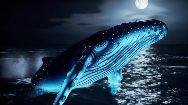 Majestic whale breaching ocean surface at night digital illustration