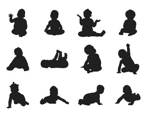 baby child happy set collection pack bundle black shape icon silhouette vector flat illustration design on white background