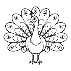 Intricate Peacock Coloring Page with Displayed Feathers and Bold Patterns