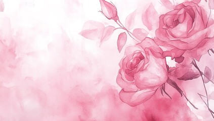 Pink roses, a watercolor painting with pastel colors, a soft and dreamy atmosphere, delicate brushstrokes, a close-up shot, detailed background elements, a pink color palette, a romantic mood