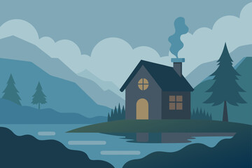 Fototapeta premium Cozy cabin by a lake with mountains and trees in the background