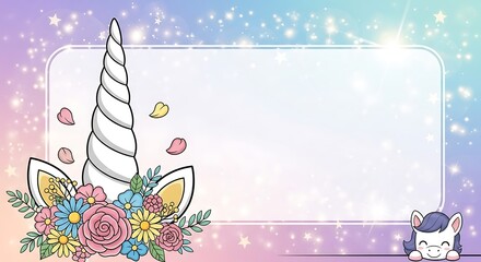 Unicorn Floral Frame with Sparkles and Cute Pony for Invitations.
