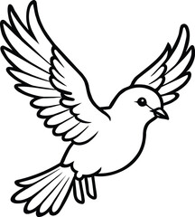 Simple line drawing of a dove bird in flight with wings spread open against a white background