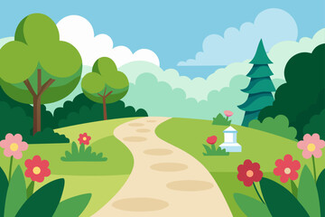 Scenic park path winding through green hills with trees and flowers