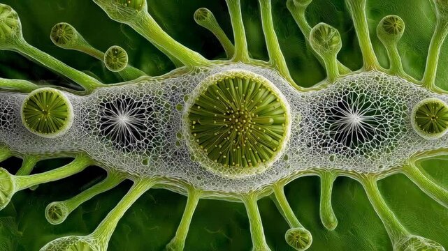 Chlorophyll process concept ,Microscopic green plant cell structure and network showing detailed organic texture vibrant natural