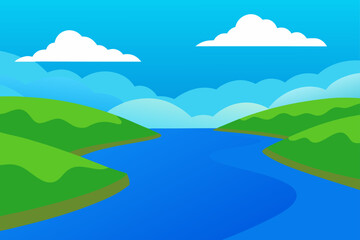 Obraz premium Stylized landscape with rolling green hills and a winding blue river under a bright sky with clouds