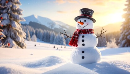 Obraz premium A cheerful snowman in a snowy landscape with mountains at sunset