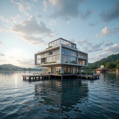Floating building, Floating architecture, Floating house, Architecture of the future, on the water, AI Generative