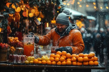 Man in orange jacket and hat making orange juice.