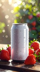 Chilled Can and Strawberries on Wooden Table