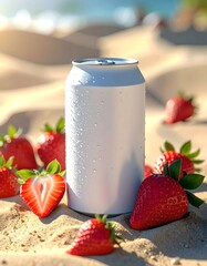 White Can With Strawberries on Sand Surface