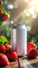 Chilled Can and Strawberries on Wooden Table