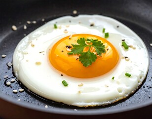 A close-up of a perfectly fried egg, garnished on a dark pan