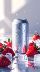 White Beverage Can With Strawberries and Ice Cubes