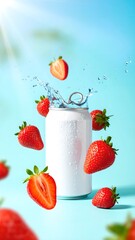 Floating Strawberries Around Chilled White Beverage Can