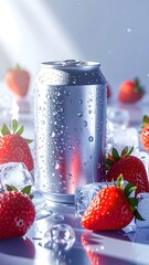 White Beverage Can With Strawberries and Ice Cubes