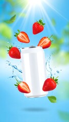 Floating Strawberries Around Chilled White Beverage Can