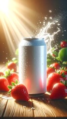 White Beverage Can With Strawberries and Water Splash