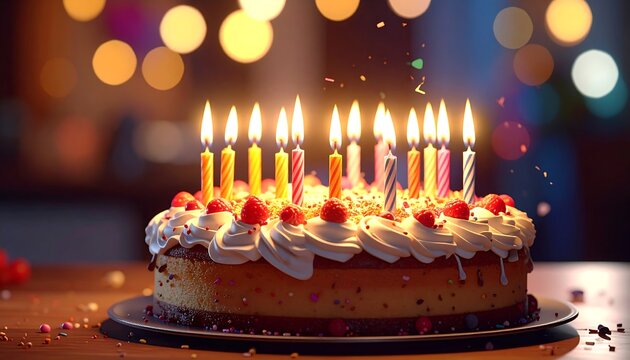 A close-up shot of a beautifully decorated birthday cake on a table, lit by many candles and a blurred background