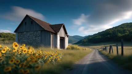 Old farming track leads to rustic stone barn with wooden roof, surrounded by blooming sunflowers and green hills under blue sky