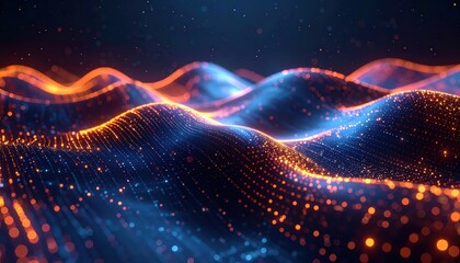 Glowing particles form undulating waves against a dark blue background, with warm orange and cool blue tones creating a dynamic and futuristic abstract composition suggesting data flow or digital...