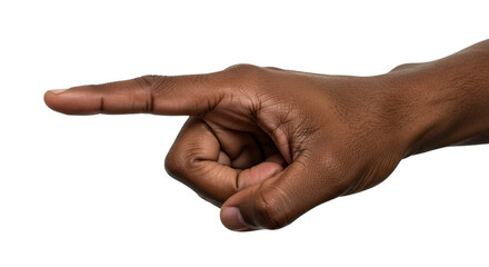 Dark-skinned hand pointing, macro detail, rich color and texture contrast, isolated on transparent background, png