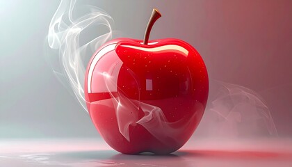 A glossy red apple with stem, partially enveloped by wisps of smoke