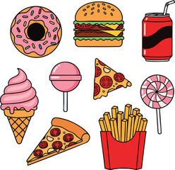 A colorful collection of cartoon fast food and junk food sticker illustrations.