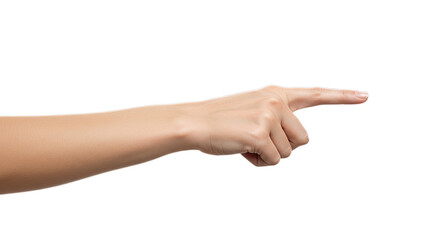 Photorealistic female hand with assertive index finger gesture, minimalist studio lighting, isolated on transparent background, png
