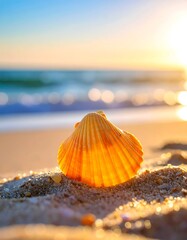 A golden seashell glows from within at sunrise, on a sandy beach