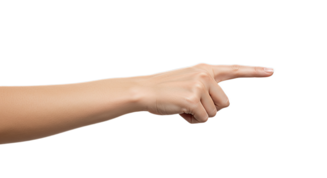 Photorealistic female hand with assertive index finger gesture, minimalist studio lighting, isolated on transparent background, png