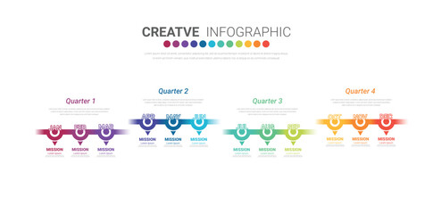Timeline for 1 year, calendar, 12 months, Presentation business 4 quarter, Infographic Timeline can be used for workflow, process diagram, flow chart.