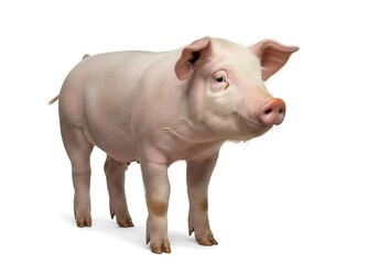 Pink Piglet Standing on White Background, Farm Animal Portrait.