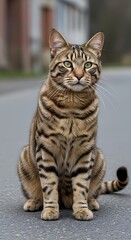Striking Bengal Cat Portrait - A Focused Gaze on the Asphalt Road.