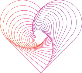 A stylized heart composed of many concentric, swirling lines in a vibrant gradient. Pink heart vector. Heart composed of colorful interconnected curves isolated on transparent background