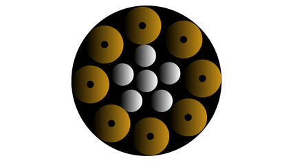 Abstract Atom or Molecule Cluster of Gold and Silver Spheres on Black