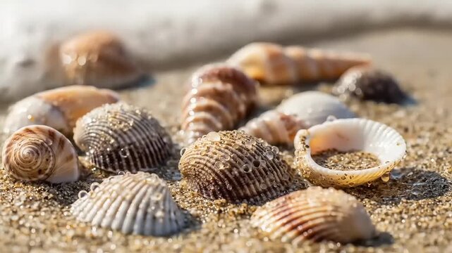 Close-up of various seashells scattered on sandy beach with gentle waves in the background