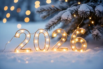 Happy New Year 2026 Celebration with Glowing Lights and Winter Snow Scenery.