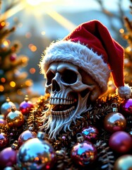 Festive Skull in Santa Hat Surrounded by Colorful Ornaments