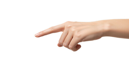 Close-up photorealistic female hand mid-motion, index finger extending to point, visible veins and knuckles, isolated on transparent background, png