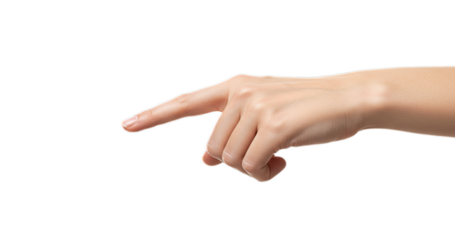 Close-up photorealistic female hand mid-motion, index finger extending to point, visible veins and knuckles, isolated on transparent background, png