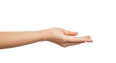 Female hand, palm upward, index extended horizontal, balanced clean light, natural skin tones, horizontally composed. Isolated on transparent background, png
