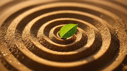 Growth and Balance: Green Plant in Zen Sand Garden Symbolizing Nature and Renewal.